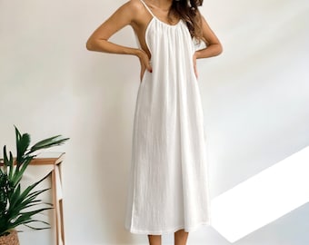 Women's Cotton Night Dress | Spaghetti Strap White Nightwear | Loose Long Dress for Women