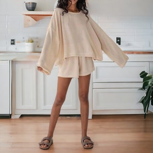 Women Khaki Rayon Knitted Pajama Set | 2-Piece Long Sleeve O-Neck Sleepwear | Casual Winter Loungewear with Shorts