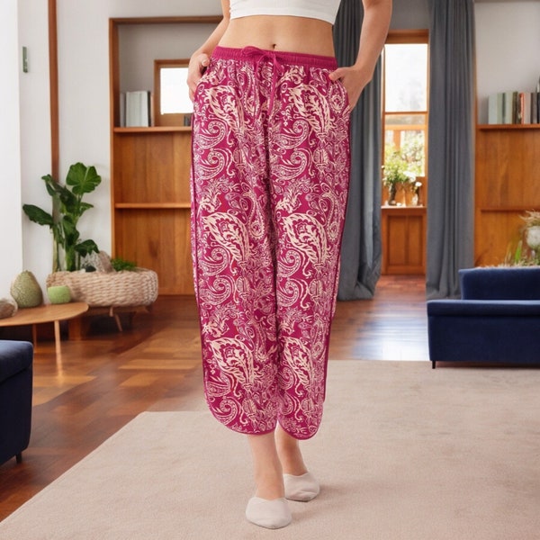 Paisley Print Cotton Lounge Pants | Women's Comfortable Drawstring Waist Trousers | Casual Boho Style