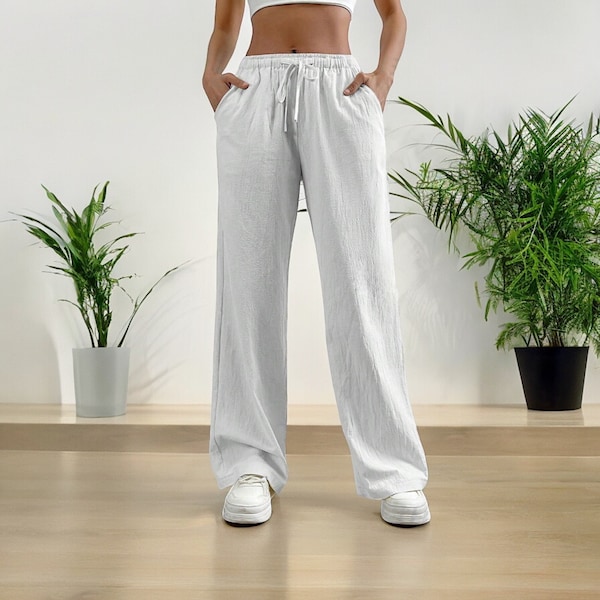 Women's Cotton Pants with Drawstring Waist | Casual Slant Pocket Pants | Comfortable Everyday Wear for Women