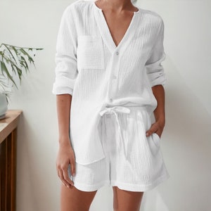 Women's 2-Piece Cotton Pajama Set | Solid Color Long Sleeve Button Top & Elastic Shorts | Summer Soft Sleepwear for Nighttime Comfort