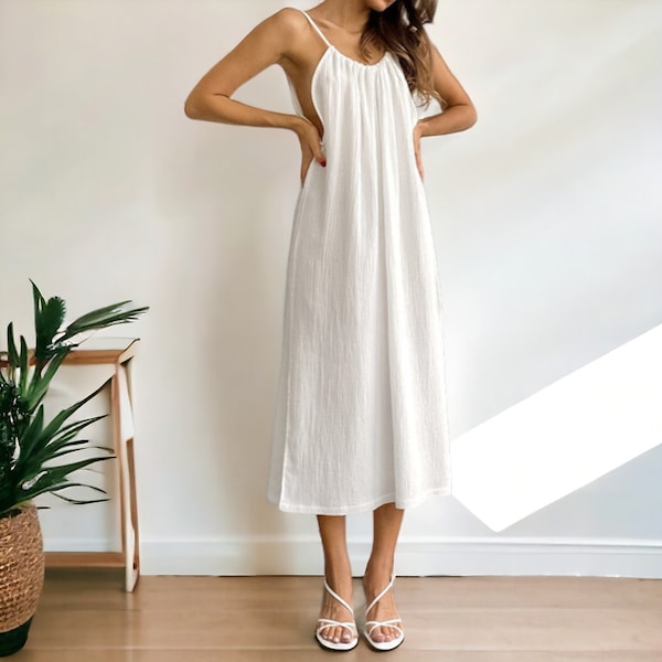 Women's Cotton Night Dress | Spaghetti Strap White Nightwear | Loose Long Dress for Women