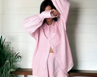 Crinkled Gauze Cotton Pajama Set in Color | Women's Long Sleeve with Ruffle Detail Shorts | Cozy Two-Piece Homewear