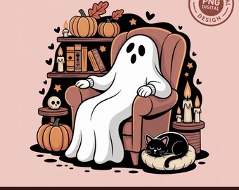 Fantasma acogedor PNG SVG, Fantasma de Halloween para sala de lectura con gato negro, calabaza, libros, diseño de sublimación, descarga digital, archivo de corte Cricut imprimible