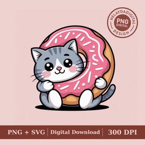 巨大ドーナツを持ったかわいいアニメ猫のクリップアート | かわいい