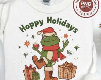 Diseño de rana navideña alegre SVG PNG, lindo gráfico de rana navideña con café y regalos, diseño divertido de camiseta navideña, arte festivo de invierno