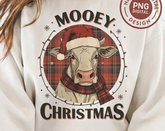 Diseño de vaca navideña Mooey SVG PNG, divertido gráfico navideño de animales de granja para camisetas y sudaderas, estilo rústico navideño, JPG incluido.