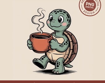 Cute Coffee Turtle, PNG SVG, Turtle Coffee Lover Clipart, Cute Animal Sublimation Design, Kawaii Turtle Digital Download, Cricut Cut File