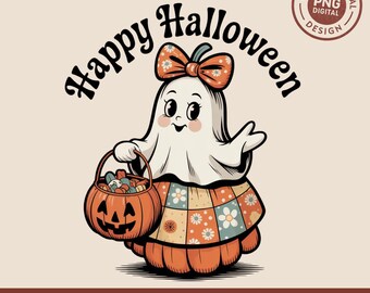 Happy Halloween PNG SVG, Cute Girl Ghost with Pumpkin Bucket, Spooky Autumn Digital Download, Cricut Sublimation Design File