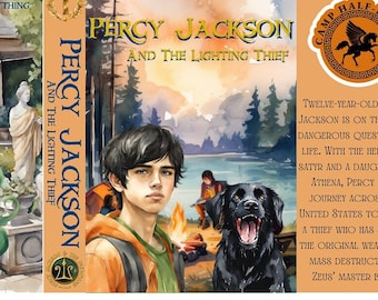 Pode incluir: Uma capa de livro para Percy Jackson e o Ladrão de Raios por Rick Riordan. A capa apresenta uma ilustração em aquarela de um jovem com cabelo castanho e um cachorro preto em frente a uma fogueira. O texto "Percy Jackson e o Ladrão de Raios" está escrito em letras douradas sobre um fundo vermelho. A capa do livro também apresenta um logotipo para o Acampamento Meio-Sangue.