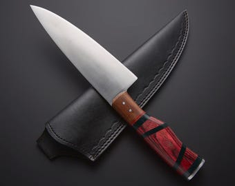 Custom Damascus Steel Chef Knife, 12", Leather Sheath, Engraved, Gift for Chefs, Handmade