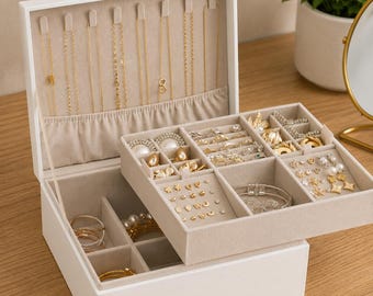 2 Layer Jewelry Box with Handle, Velvet Organizer Tray for Rings Earrings Necklaces White
