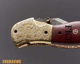 Navaja plegable personalizada de acero de Damasco / Mango de oro, madera de palisandro, funda de cuero (grabada)