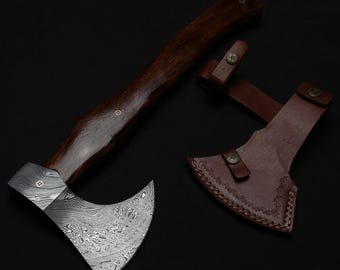 Hand-Forged Damascus Viking Axe, Rose Wood Handle, Bushcraft, Camping, Leather Sheath, Handmade Nordic Hunter
