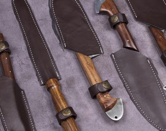 Juego de cuchillos de chef de acero de Damasco hechos a mano: cuchillos de cocina profesionales con mango de madera