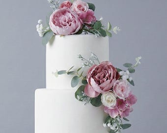 Set of 3 Dusty Rose Floral Cake Toppers, Artificial Wedding Decoration