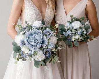 Bridal bouquet, Dusty blue wedding bouquet, Sky blue bridal bouquet with peonies