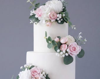 Set of 3 Wedding Cake Topper, Blush pink Flower Cake Decoration, Cake Topper Flowers, White Cake Flowers, Rustic Wedding, Boho Wedding