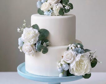 Set of 3 Wedding Cake Topper, Dusty Blue Flower Cake Decoration, blue Cake Topper Flowers, Cake Flowers, Rustic Wedding, Boho Wedding