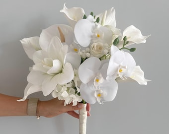 Calla Lily bridal bouquet, Orchids Bridal Bouquet, Cascading Amaranth Wedding Flowers, Tropical Anthurium Bouquet  Modern Bridal Bouquet