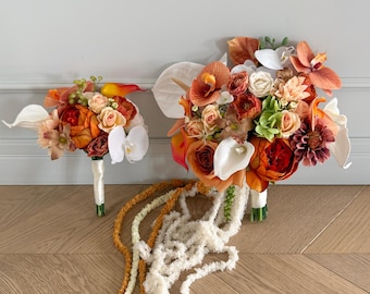 Terracotta Orchids Bridal Bouquet, Calla Lily Bridal Bouquet, Terracotta Cascading Wedding Flowers, Orange Tropical Bouquet, Modern Bouquet
