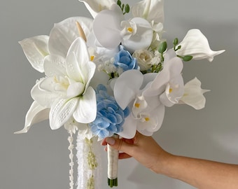 Orchids Blue Bridal Bouquet, Calla Lily bridal bouquet, Cascading Wedding Flowers, Tropical Anthurium Bouquet, Modern Bridal Bouquet