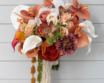 Terracotta Orchids Bridal Bouquet, Calla Lily Bouquet, Terracotta Cascading Wedding Flowers, Orange Tropical Bouquet,  Modern Bridal Bouquet