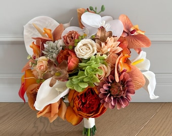 Terracotta Orchids Bridal Bouquet, Calla Lily Bouquet, Fall Anthurium Wedding Flowers, Orange Tropical Bouquet,  Modern Bridal Bouquet