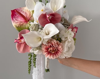 Calla Lily wedding bouquet, Pink Orchids Bridal Bouquet, Cascading Wedding Flowers, Tropical Anthurium Bouquet , Modern Bridal Bouquet