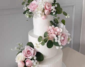 Set of 3 Wedding Cake Topper, Blush pink Flower Cake Decoration, Cake Topper Flowers, White Cake Flowers, Rustic Wedding, Boho Wedding