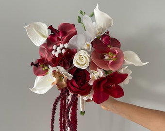 Calla Lily Bouquet, Orchids Bridal Bouquet, Cascading Amaranth Wedding Flowers,  Deep red Tropical Anthurium Bouquet  Modern Bridal Bouquet