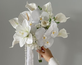 Calla Lily bridal bouquet, White Orchids Bridal Bouquet, Cascading Amaranth Wedding Flowers, Tropical Bouquet, Modern Bridal Bouquet