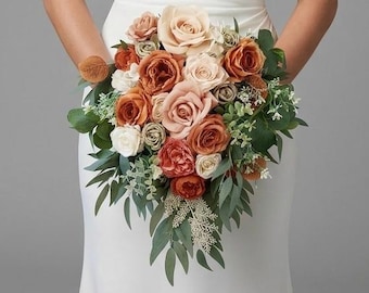 Terracotta Cascading Bridal Bouquet, Cascading wedding bouquet, Fall Orange bridal bouquet, Terracotta wedding bouquet, Rustic bouquet