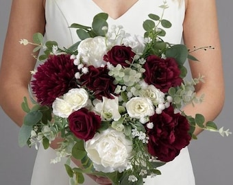 Burgundy bridal bouquet, Deep red Wedding bouquet, Burgundy wedding bouquet, Marsala Wine Faux Flowers, Fall Winter Boho Wedding bouquet