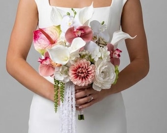 Calla Lily Bouquet, Pink Orchids Bridal Bouquet, Cascading Amaranth Wedding Flowers, Tropical Anthurium Bouquet  Modern Bridal Bouquet
