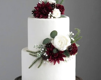 Set of 2 Wedding Cake Topper, Winter Cake Decoration, Christmas Cake Decoration, Burgundy Cake Topper Flowers, Deep red Cake Flowers