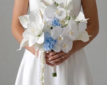 Calla Lily bridal bouquet, Orchids Blue Bridal Bouquet, Cascading Wedding Flowers, Tropical Anthurium Bouquet, Modern Bridal Bouquet