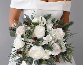 Winter Wonderland Bridal Bouquet, White Rose Peony Wedding Bouquet with Pinecones Evergreens, Faux Pine Cedar Eucalyptus Christmas Bouquet