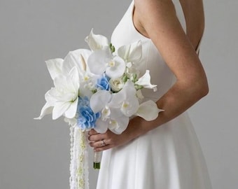 Orchids Bridal Bouquet, Calla Lily bridal bouquet, Cascading Wedding Flowers, Tropical Anthurium Bouquet, Modern Bridal Bouquet