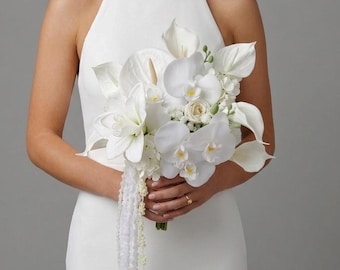 White Calla Lily bridal bouquet, Orchids Bridal Bouquet, Cascading Amaranth Wedding Flowers, Tropical Anthurium Bouquet, Modern Bouquet