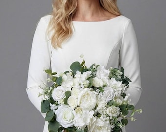 White Bridal bouquet, White wedding bouquet, Classic White Bridal Bouquet, Timeless Silk Rose Peony Wedding Bouquet, Elegant Bride Flowers