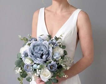 Blue Bridal bouquet, Dusty blue bridal bouquet, Sky blue bridal bouquet with peonies