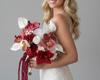 Deep red Orchids Bridal Bouquet, Calla Lily Bouquet, Cascading Amaranth Wedding Flowers,  Tropical Anthurium Bouquet, Modern Bridal Bouquet