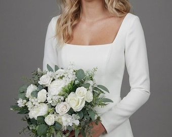 White Bridal bouquet, White Wedding bouquet, Timeless Silk Rose Peony Wedding Bouquet, Elegant Faux Greenery Bride Flowers, Boho Wedding