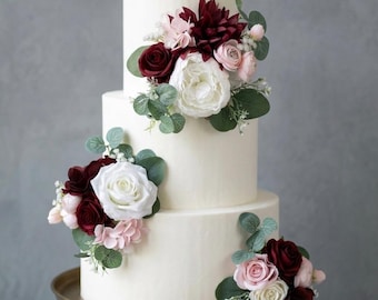 Set of 3 Wedding Cake Topper, Flower Cake Decoration, Burgundy Pink Cake Topper Flowers, Deep red Blush Pink  Cake Flowers
