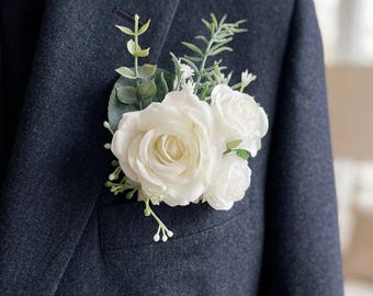 Pocket boutonniere, Wedding boutonniere, White boutonniere, boutonniere for men