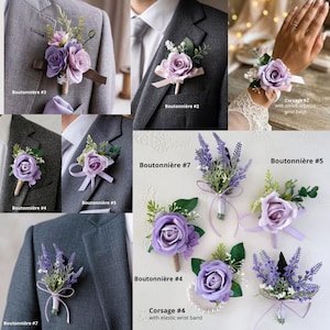 K&ouml;nnte beinhalten: Eine Sammlung von Knopflochblumen und Corsagen in Lila- und Wei&szlig;t&ouml;nen. Die Knopflochblumen zeigen Rosen, Lavendel und Gr&uuml;n, einige mit B&auml;ndern. Corsagen mit elastischen Armb&auml;ndern sind ebenfalls abgebildet. Der Text "Boutonni&egrave;re" und "Corsage" sind sichtbar.