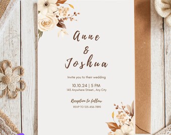 Wedding Invitation Template Flower, Printable Wedding Invitation, Wedding Invitation, Boho Flower Invitation, Minimalist Invitation, Elegant