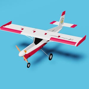May include: A model aeroplane with a white body, red accents on the wings and tail, and a yellow propeller. The plane has a small black cockpit and wheels. The background is a solid light blue.