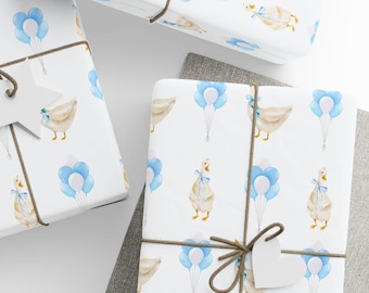 Silly Goose Boy First Birthday Wrapping Pape, Goose Baby Boy Shower Gift Wrap, Blue Balloons Gift Packaging